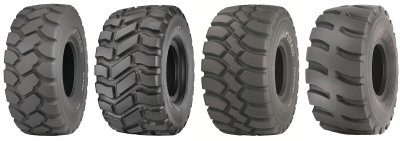 Zleva pneumatika RT-3B pro provoz na písku, hlíně nebo blátě, pneumatiky TL-3A+ a GP-4D (hlína bláto a kamínky). Vpravo pneumatika RL-4K pro provoz v lomech a na kamenech