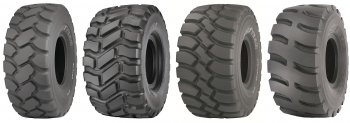 Zleva pneumatika RT-3B pro provoz v písku, hlíně nebo blátě, pneumatiky TL-3A+ a GP-4D (hlína, bláto a štěrk). Vpravo pneumatika RL-4K pro provoz v lomech