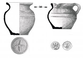 Nálezy keramiky a stříbrného denáru z roku 1247 ze Starých Hor (kresba E. Šámalová &ndash; Bílková).