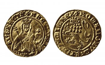 Zlatý dukát Karla IV. z roku 1353.