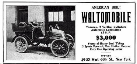 „Waltomobile“ na dobové inzerci z roku 1902 (zdroj: earlyamericanautomobiles.com)