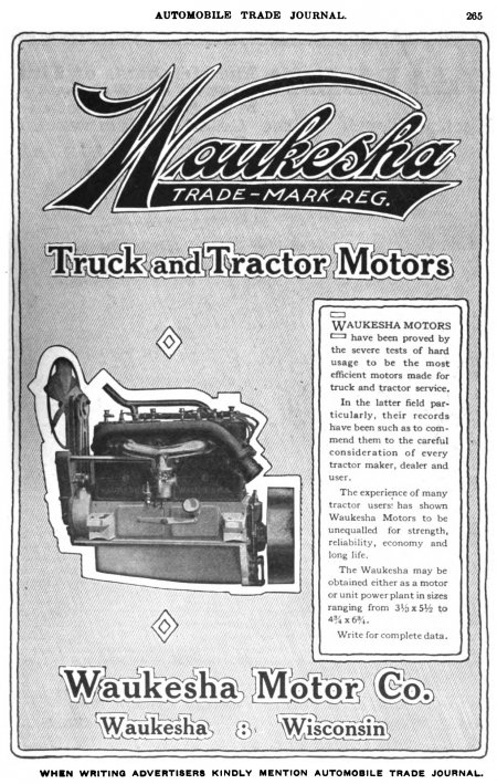 Od roku 1920 montoval W. Walter do svých vozů motory od Waukesha Motor Corp. (zdroj: inzerát z Automobile Trade Journal, 1916)