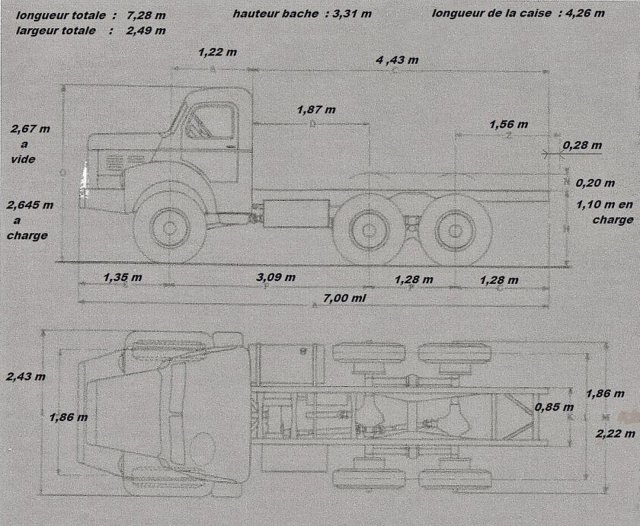 Rozměrový náčrtek podvozku Berliet GBC 8 6x6 Gazelle pro užitkové nástavby (foto Fondation Marius Berliet)