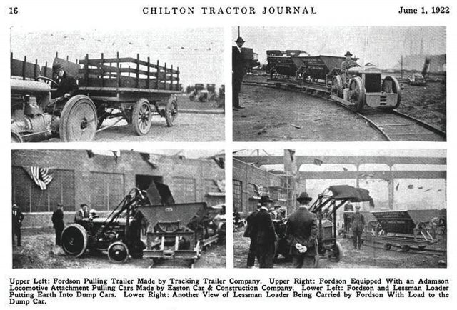 Lopatové nakladače na kolovém traktoru Fordson Major (obrázky dole) publikované v roce 1922 v magazínu Chilton Tractor Journal. (zdroj: Wikipedia)