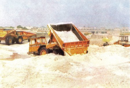 Nasazení souprav T200-D10.1 na solných dolech v Egyptě. Dempr upraven na větší objem nástavci korby, tropy střecha tahače (rok 1988).