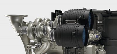 Dvojice turbodmychadel na jednu řadu válců (V12) poskytuje vyšší odolnost při zátěži a dovoluje lepší časování vstřiku v přechodových režimech. (foto Perkins)