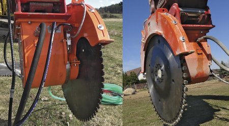 Dva kotouče použité při řezání. Standardní „tenký“ (vlevo) a robustní s tloušťkou segmentů 18 mm (vpravo).