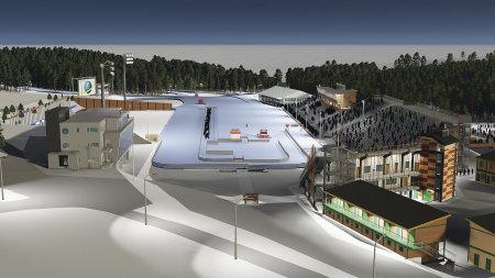 Vizualizace, jak by měla Vysočina Arena vypadat v době zahájení MS v biatlonu v roce 2024. (Zdroj: www.biathlonnmnm.cz)