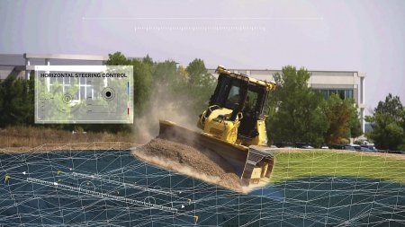 Ukázka grafiky „Horizontální řízení dozeru“ v systému TRIMBLE Earthworks.