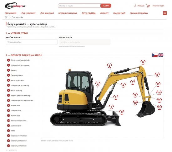 Uživatel si jednoduše vybere značku a model stroje. Následně se zobrazí přehledné schéma pracovního zařízení s jednotlivými pozicemi čepů a pouzder